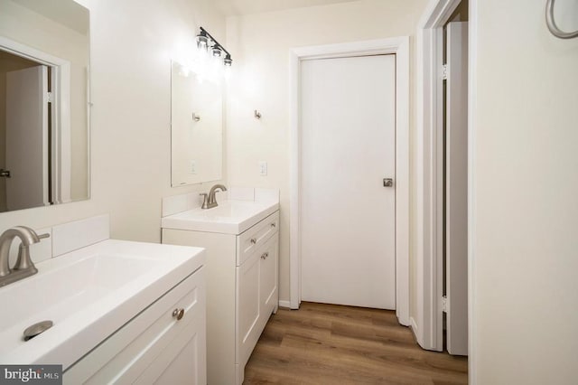 bathroom featuring wood finished floors, two vanities, and a sink