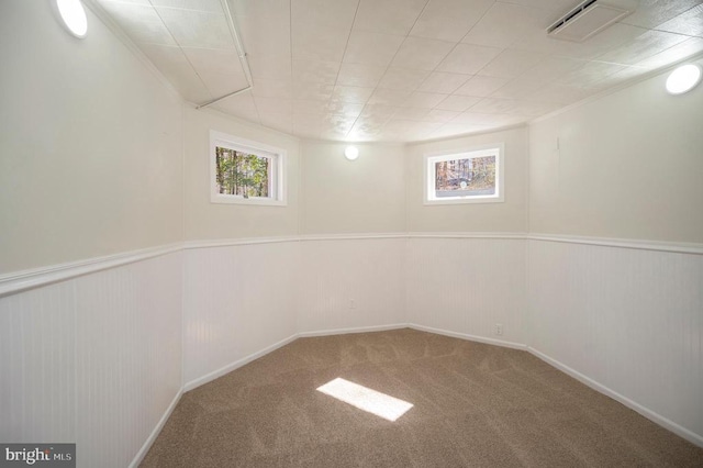 basement with a wealth of natural light, a wainscoted wall, and carpet