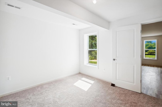 carpeted spare room with visible vents, plenty of natural light, and baseboards