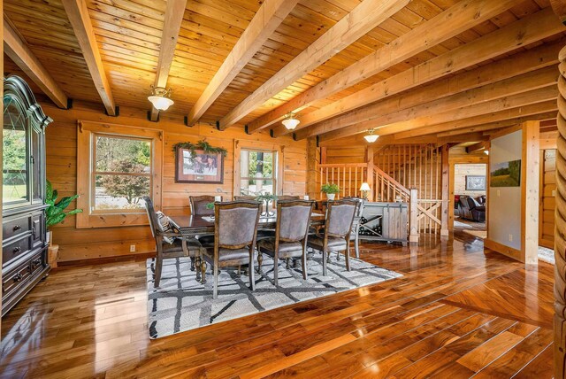 dining area with beamed ceiling, wood walls, hardwood / wood-style floors, and wooden ceiling