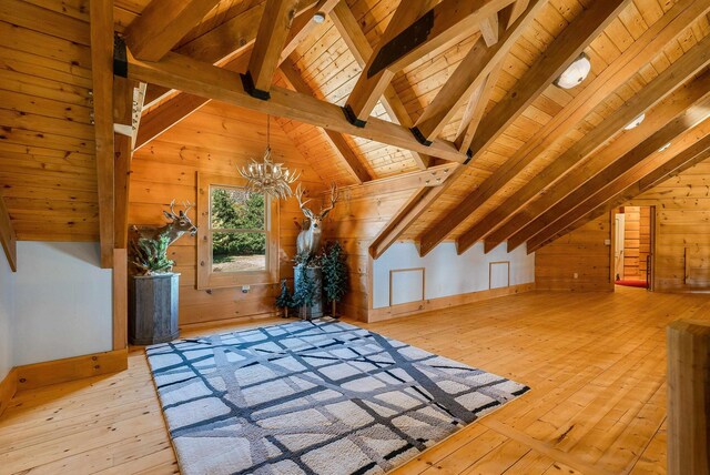 bonus room featuring hardwood / wood-style floors, vaulted ceiling with beams, and wood walls