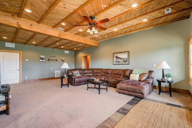 living room featuring ceiling fan, beam ceiling, high vaulted ceiling, light carpet, and wooden ceiling