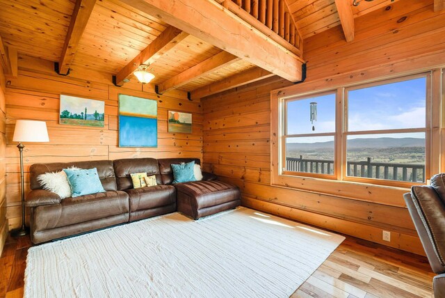 living room featuring wood ceiling, wood-type flooring, wooden walls, and beam ceiling