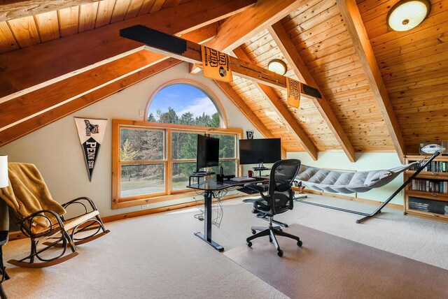 office space with carpet, vaulted ceiling with beams, and wood ceiling