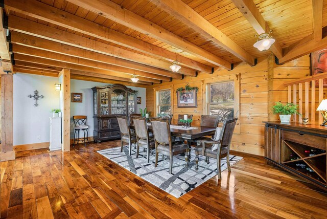 dining space with beam ceiling, wood ceiling, and wood-type flooring