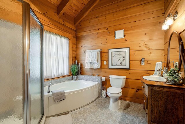 full bathroom featuring wooden walls, vanity, plus walk in shower, and lofted ceiling with beams