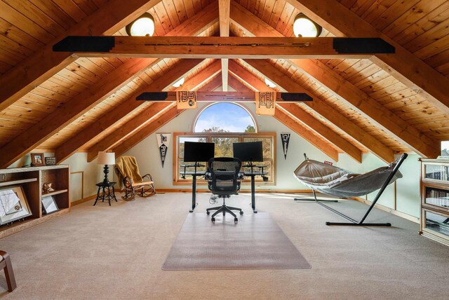 carpeted office space featuring wood ceiling and lofted ceiling with beams