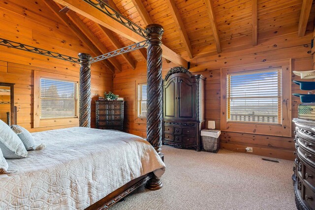 bedroom with light carpet, lofted ceiling with beams, wooden ceiling, and wood walls