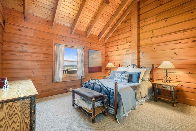 bedroom featuring vaulted ceiling with beams, wooden ceiling, wood walls, and carpet flooring