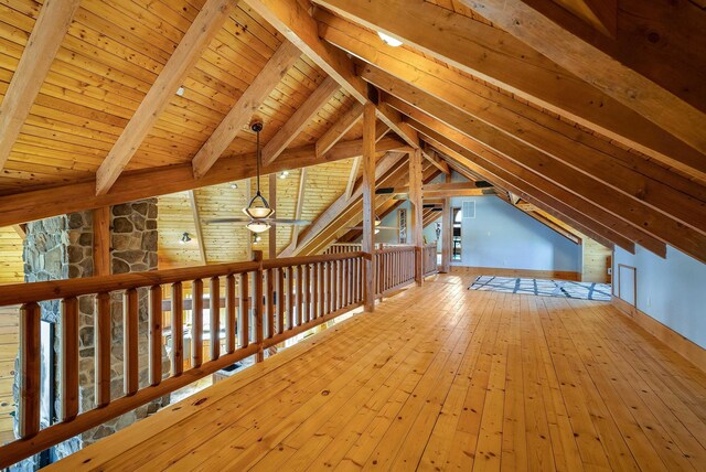 additional living space with lofted ceiling with beams, wood-type flooring, and wood ceiling