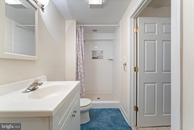 bathroom with toilet, a stall shower, tile patterned flooring, and vanity