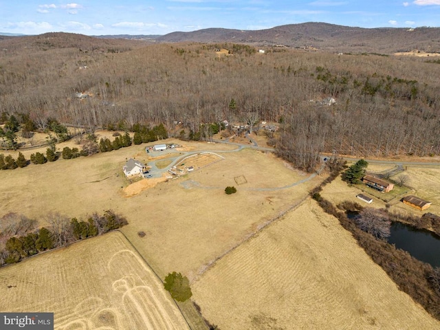 birds eye view of property featuring a mountain view and a rural view