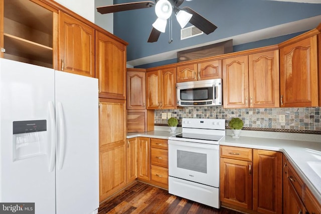 kitchen with tasteful backsplash, white appliances, dark hardwood / wood-style flooring, and ceiling fan