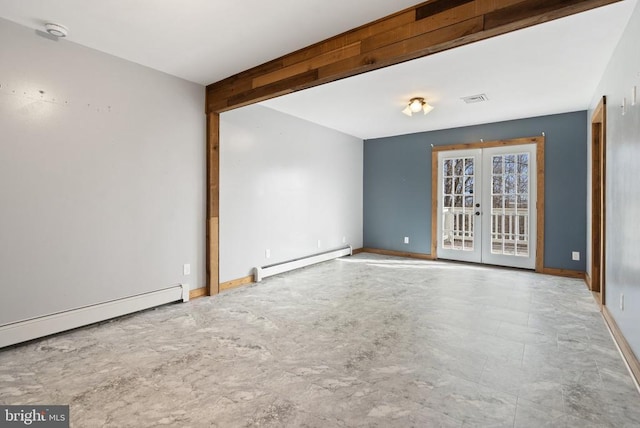 spare room with a baseboard heating unit, beam ceiling, and french doors