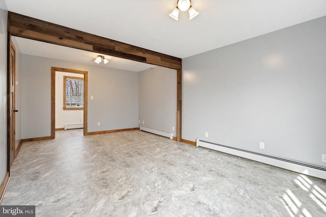 spare room with beam ceiling and a baseboard heating unit