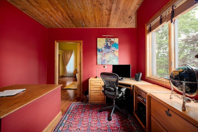 office with wooden ceiling and dark hardwood / wood-style flooring