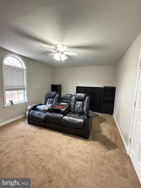 cinema room featuring ceiling fan, carpet, and baseboards