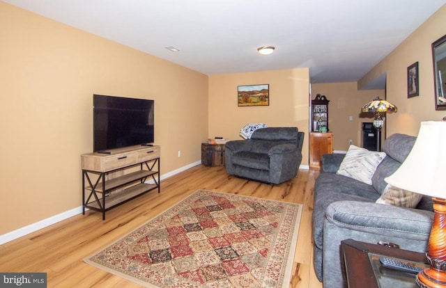 living area with baseboards and wood finished floors