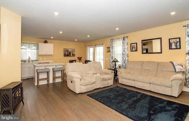 living room featuring a wood stove, dark wood-type flooring, and recessed lighting