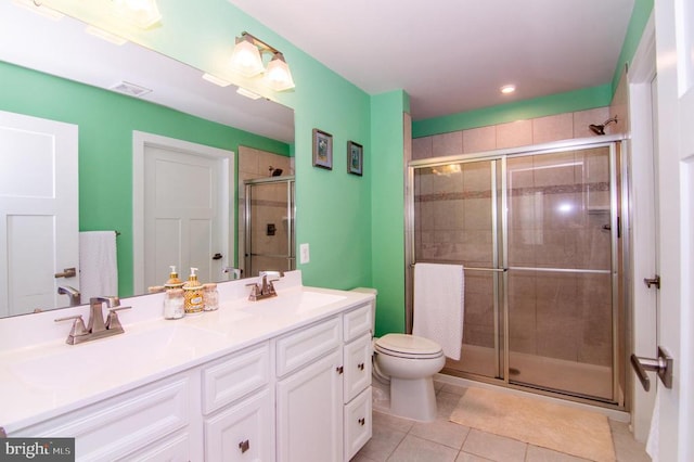 bathroom with tile patterned flooring, toilet, visible vents, a shower stall, and double vanity