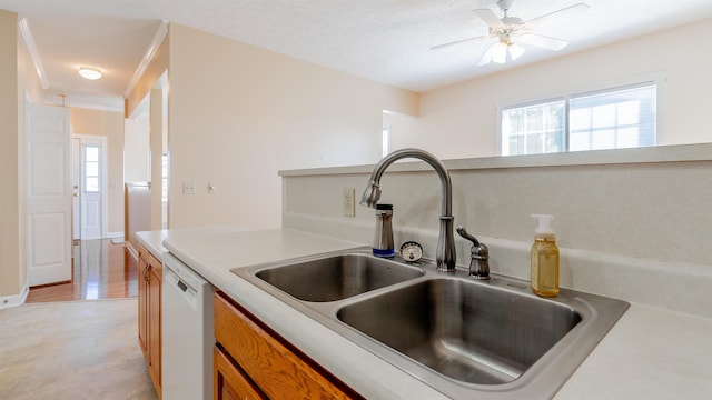 kitchen with light countertops, white dishwasher, a sink, and a wealth of natural light