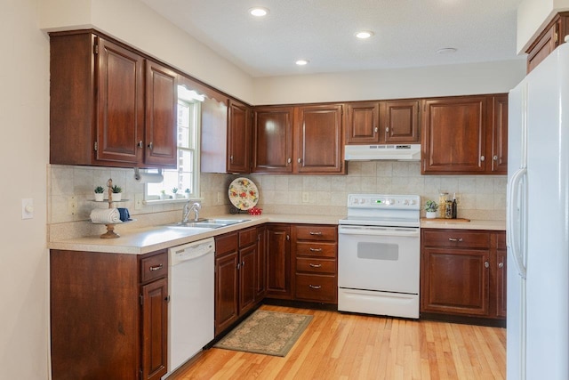 kitchen featuring under cabinet range hood, a sink, white appliances, light wood-style floors, and light countertops