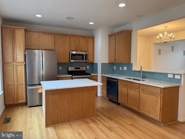 kitchen with a chandelier, decorative backsplash, light wood-style flooring, and appliances with stainless steel finishes