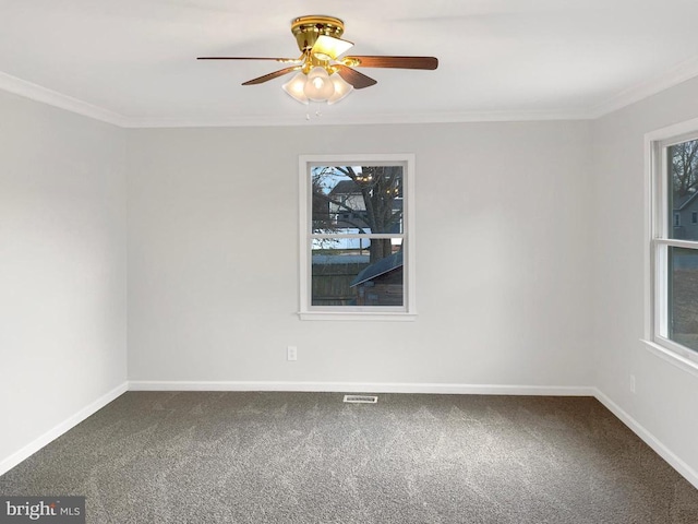 unfurnished room featuring carpet, ceiling fan, and ornamental molding