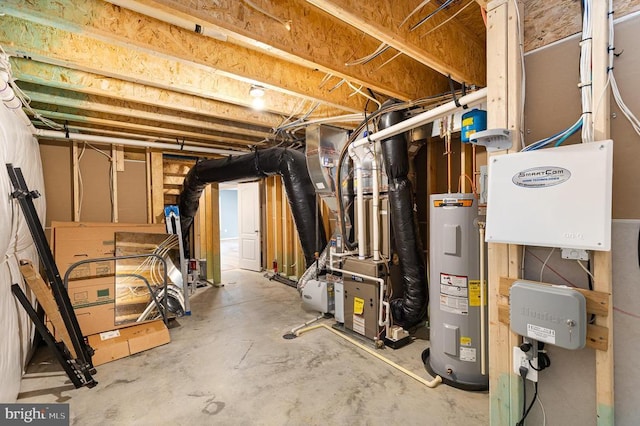 unfinished basement with electric water heater