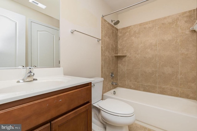 full bathroom with shower / bathing tub combination, visible vents, toilet, and vanity