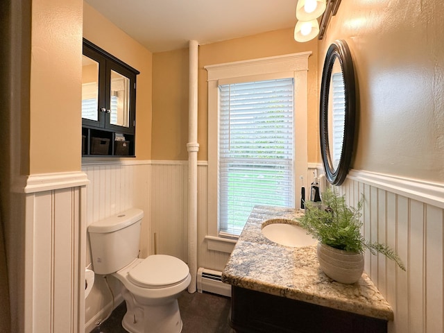 bathroom featuring vanity, toilet, and baseboard heating