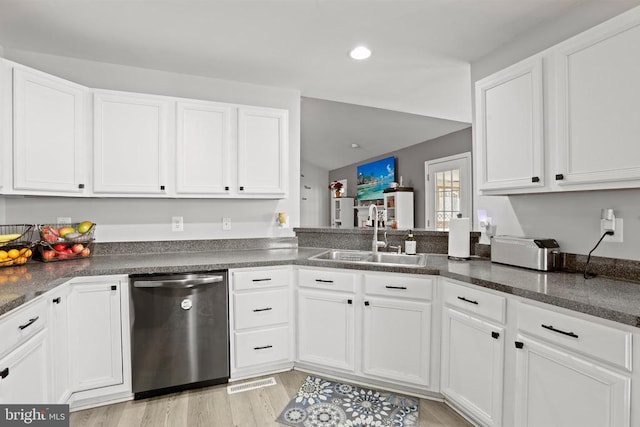 kitchen with white cabinets, sink, and stainless steel dishwasher