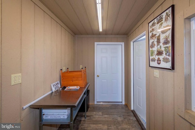 interior space with wooden walls, dark hardwood / wood-style floors, and wooden ceiling