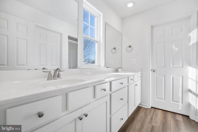 bathroom with vanity and hardwood / wood-style flooring