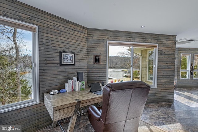 office featuring wood walls