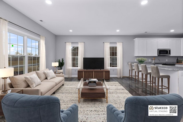 living room with dark hardwood / wood-style floors