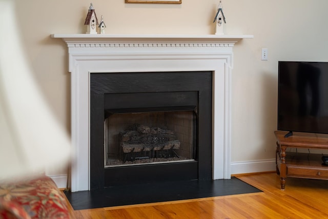 room details with baseboards, a fireplace with flush hearth, and wood finished floors