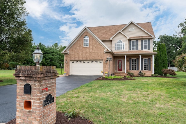 traditional-style home with roof with shingles, a front yard, brick siding, aphalt driveway, and an attached garage