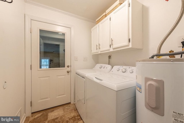 laundry room featuring cabinet space, ornamental molding, independent washer and dryer, electric water heater, and stone finish flooring