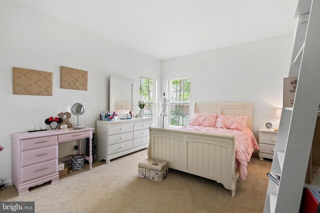 bedroom featuring light colored carpet