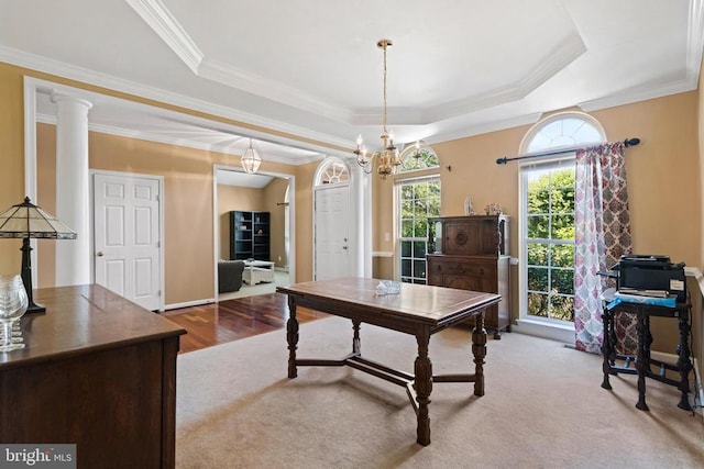 office area with light carpet, ornamental molding, and a raised ceiling