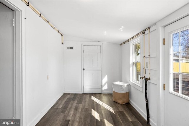 doorway featuring lofted ceiling and dark wood-type flooring