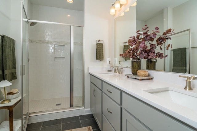 bathroom with tile patterned floors, vanity, and a shower with shower door