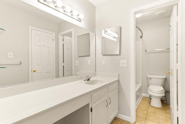 full bathroom featuring vanity, tile patterned flooring,  shower combination, and toilet