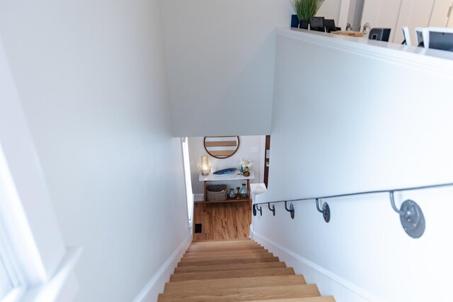 stairway featuring wood-type flooring