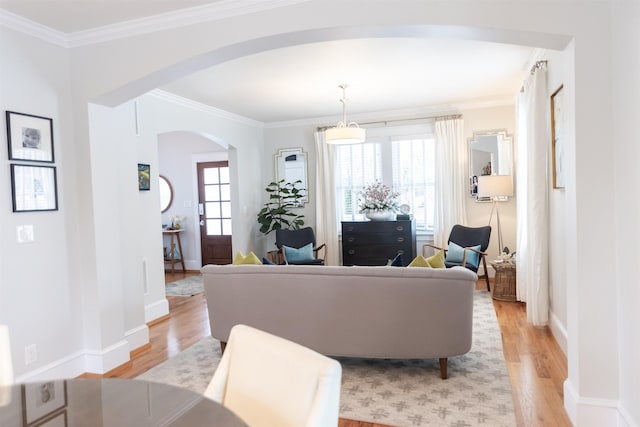 living room with crown molding, a healthy amount of sunlight, and light wood-type flooring