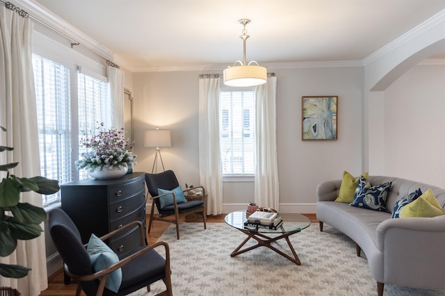 sitting room featuring ornamental molding and hardwood / wood-style floors