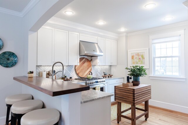 kitchen with white cabinetry, high end stove, a kitchen bar, decorative backsplash, and kitchen peninsula