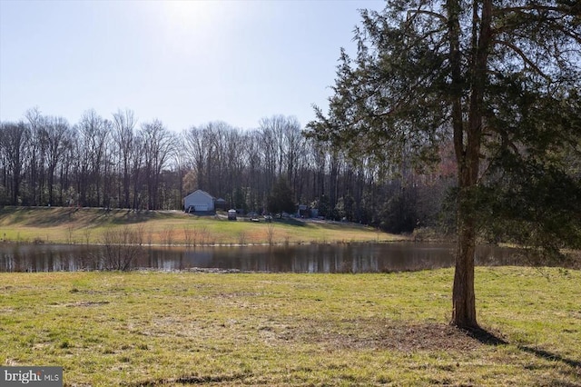view of green lawn with a water view
