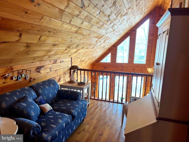 interior space with wooden ceiling, wooden walls, lofted ceiling, and hardwood / wood-style floors